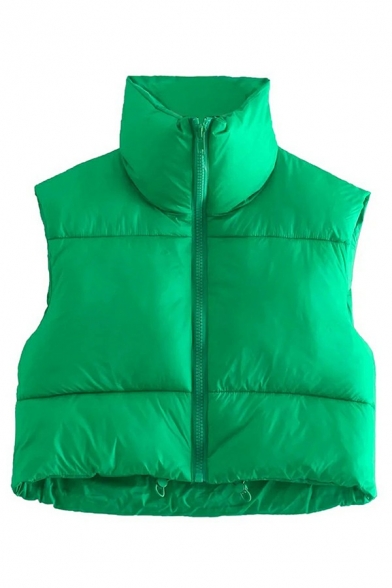 Street Style Ladies Vest Solid Color Zip Up Stand Collar Cropped Padded Vest