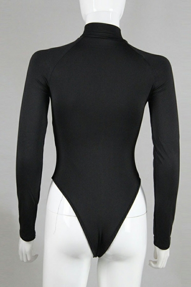 Women Street Look Bodysuit Whole Colored Stand Collar Zip-up Long Sleeve Bodysuit