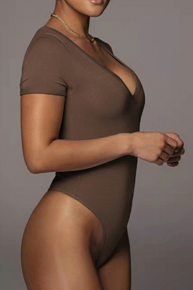 Attractive Women Bodysuit V-Neck Short Sleeve Whole Colored Sleeveless Bodysuit