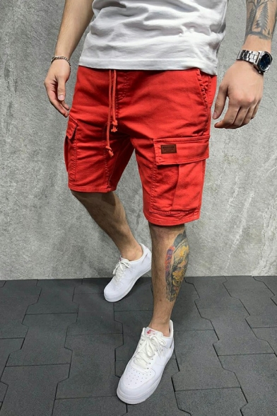 Elegant Men's Shorts Solid Color Drawcord Waist Flap Pocket Regular Cargo Shorts