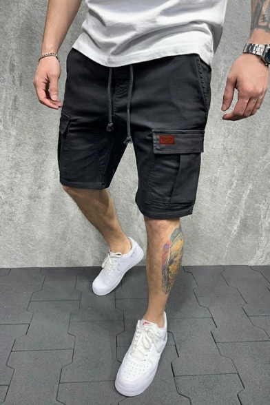 Elegant Men's Shorts Solid Color Drawcord Waist Flap Pocket Regular Cargo Shorts