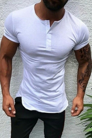 Guys Sporty T-Shirt Pure Color Button Fly Henley Neck Short Sleeves Slim Fit T-Shirt
