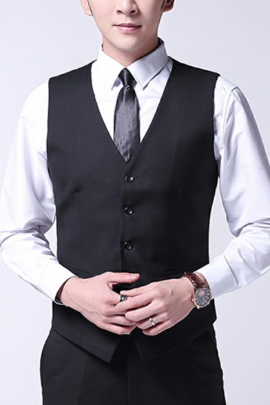 Men Formal Suit Vest Pure Color Front Pocket Button Fly V-Neck Slimming Suit Vest