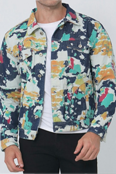 Men Simple Denim Jacket Camo Print Spread Collar Regular Button Closure Denim Jacket