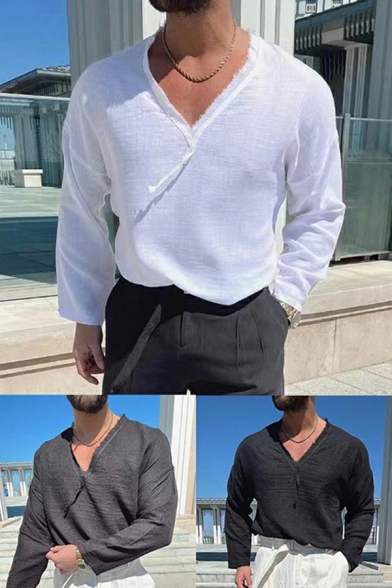 Modern Men T-Shirt Pure Color V Neck Ripped Detail Long-sleeved Regular Fit T-Shirt