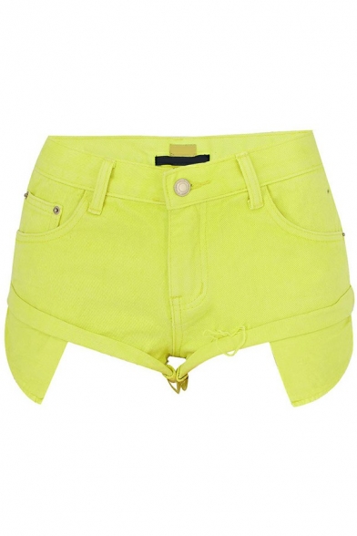 Popular Women's Shorts Solid Button Placket Exposed Pocket Low Waist Hot Shorts