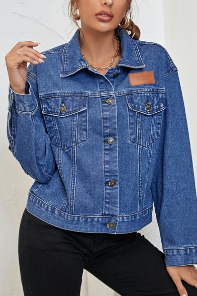 Stylish Jacket Plain Spread Collar Button Fly Front Pocket Denim Jacket for Women