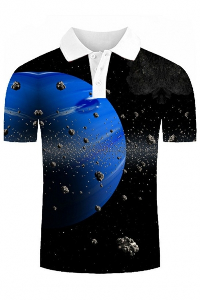 Stylish Polo Shirt 3D Printed Spread Collar Short Sleeves Button Fly Polo Shirt for Boys