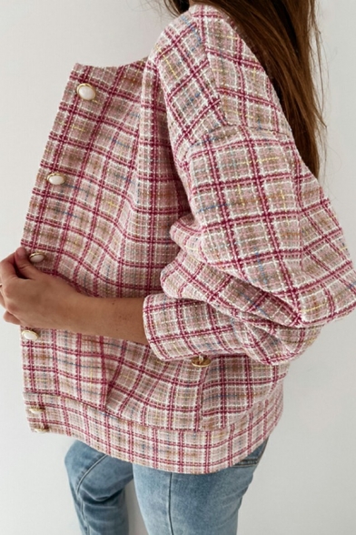 Stylish Womens Jacket Plaid Pattern Round Neck Single Breasted Long Sleeve Jacket