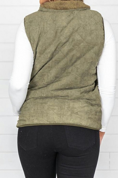 Unique Womens Vest Pure Color Sleeveless Pocket Detail Spread Collar Zip Placket Vest