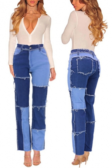 Women Dashing Jeans Patchwork Side Pocked Rough Zipper Mid Waist Jeans