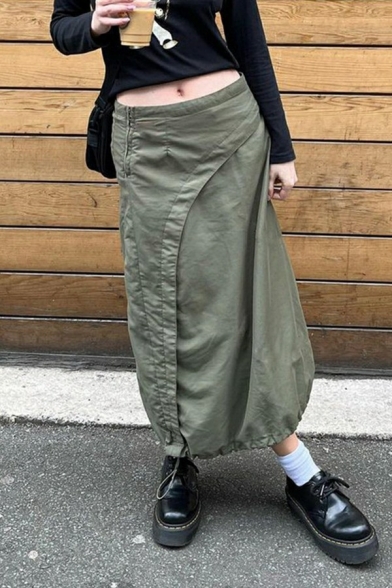 Women Modern Skirt Pure Color Zipper Tube Drawstring Hem Maxi Skirt