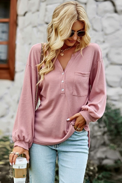 Attractive Women Knit Top Solid Color Chest Pocket V-Neck Long Sleeve Button Knitted Top