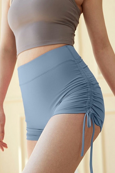 Casual Women's Shorts Solid Ruched Bow Tie Elastic High Waist Workout Shorts