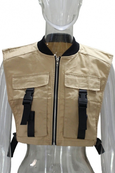 Chic Womens Vest Contrast Color Stand Neck Zip Up Buckle Detail Flap Pocket Cropped Vest