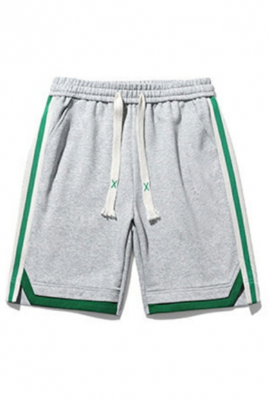 Fashionable Guys Shorts Stripe Printed Elastic Waist Pocket Detail Split Hem Drawcord Shorts