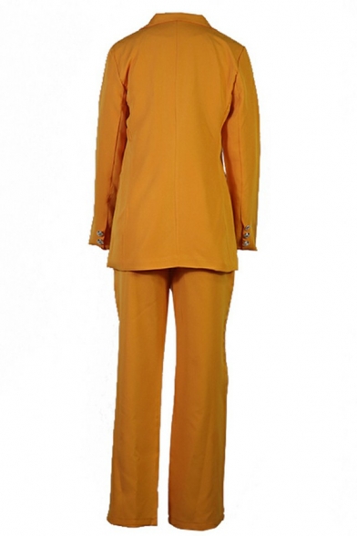 Fashionable Women's Suit Co-ords Plain Lapel Collar Single Button Blazer with Pants Set