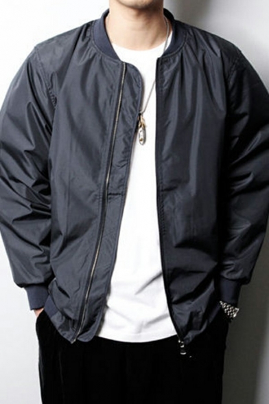 Guy's Trendy Jacket Whole Colored Pocket Long-Sleeved Stand Collar Zipper Baseball Jacket