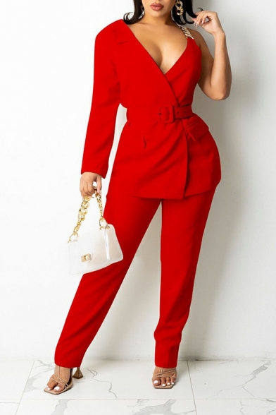 Hot Suit Co-ords Pure Color Notched Lapel Belt Asymmetric Blazer with Pants Set for Girls