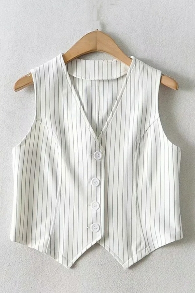 Ladies Dashing Vest Striped Print V-Neck Relaxed Button Closure Cropped Vest