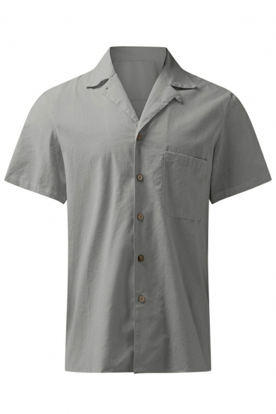 Men Novelty Shirt Pure Color Chest Pocket Notched Collar Short-sleeved Button down Shirt