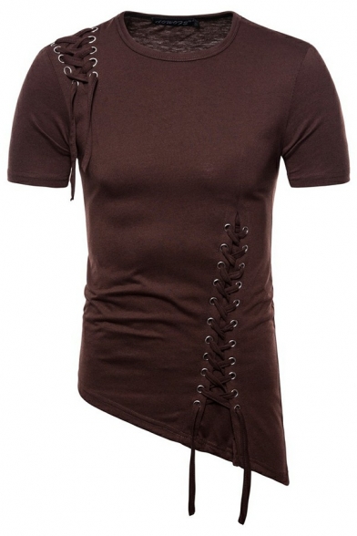 Men's Trendy T-shirt Plain Short-sleeved Irregular Hem Crew Neck Skinny Lace-up Tee Shirt