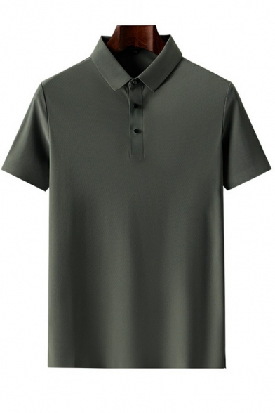 Popular Mens Polo Shirt Pure Color Point Collar Short Sleeves Regular Button-up Polo Shirt