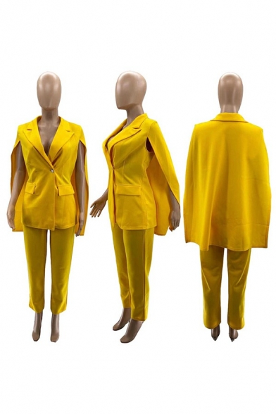 Popular Women's Suit Co-ords Plain Notched Lapel Long Cape Sleeve Blazer with Pants Set