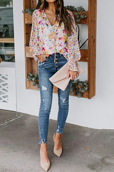 Retro Ladies Shirt Floral Print Spread Collar Lace-up Long Sleeve Shirred Buttons Shirt