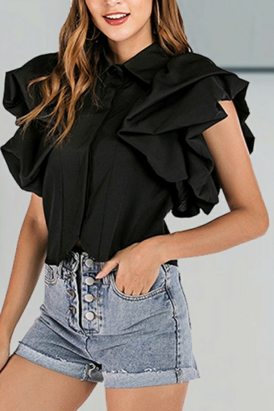 Street Look Plain Shirt Turn-down Collar Puff Sleeves Button Fly Cropped Shirt for Ladies