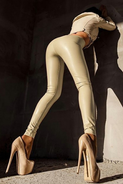 Stylish Womens PU Leggings Whole Colored Skinny High Waist PU Workout Leggings