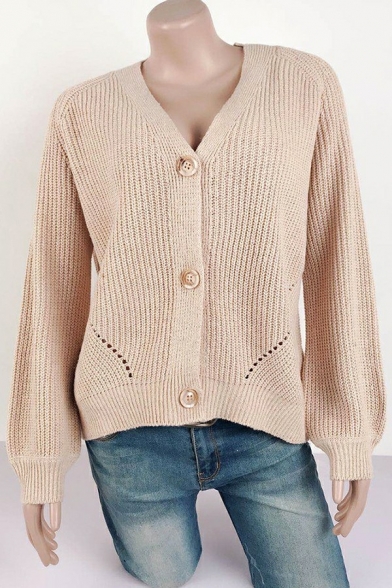 Vintage Women Cardian Whole Colored Long Sleeve V Neck Regular Hollow Button-up Cardian
