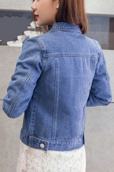 Women Basic Jacket Solid Button Up Front Pocket Turn-Down Collar Denim Jacket