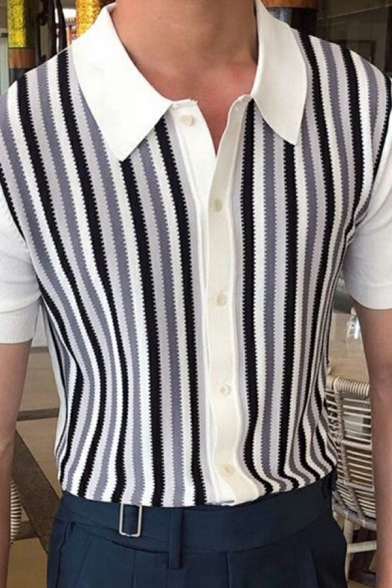 Casual Polo Shirt Stripe Printed Spread Collar Short-sleeved Button Fly Polo Shirt for Men
