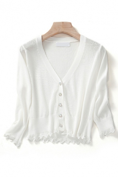 Chic Women's Knit Top Solid Color Lace Detailed Button Closure Long Sleeve V Neck Knit Top