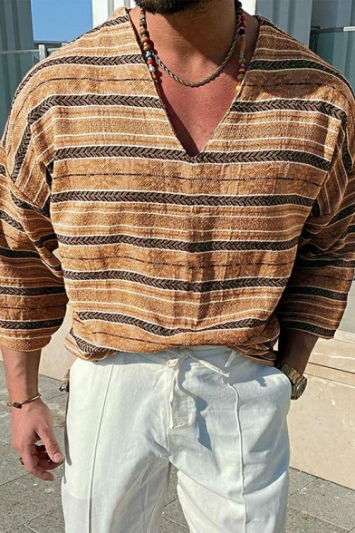 Edgy Men's T-shirt Striped Pattern 3/4 Length Sleeves V-neck Regular T-shirt Top