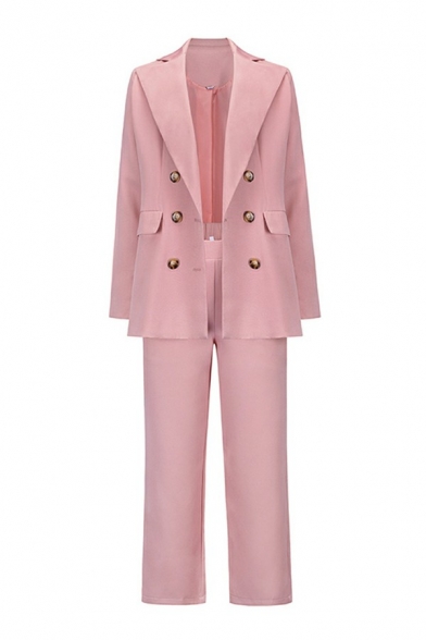 Edgy Women Suit Co-ords Solid Color Lapel Collar Double Breasted Blazer with Pants Set