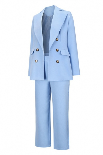 Edgy Women Suit Co-ords Solid Color Lapel Collar Double Breasted Blazer with Pants Set