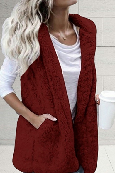 Elegant Vest Whole Colored Hooded Pocket Design Open Front Gilet for Women