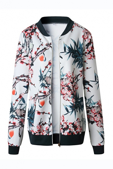 Fancy Womens Jacket Floral Pattern Stand Neck Zip Closure Long Sleeve Long-sleeved Jacket