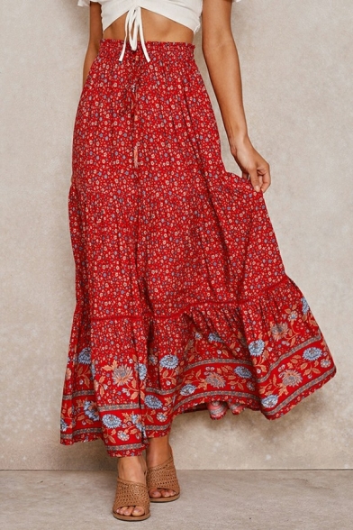 Fashion Skirt Tribal Print Maxi A-Line Shirred Drawcord Skirt for Ladies