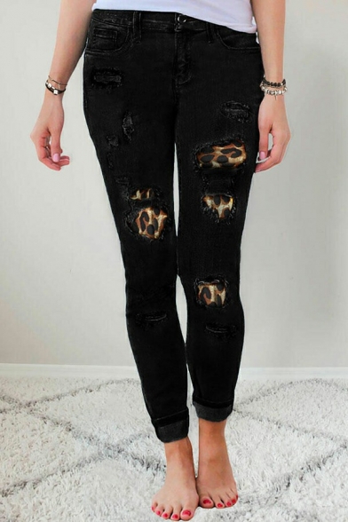 Girls Street Look Jeans Leopard Patchwork High Waist Zipper Skinny Side Pocket Jeans