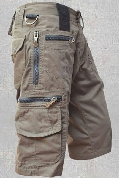 Guy's Unique Shorts Plain Mid Rise Zip Pocket Knee Length Regular Zipper Cargo Shorts