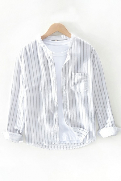 Guys Popular Shirt Striped Print Stand Collar Button Fly Long-sleeved Pocket Regular Shirt