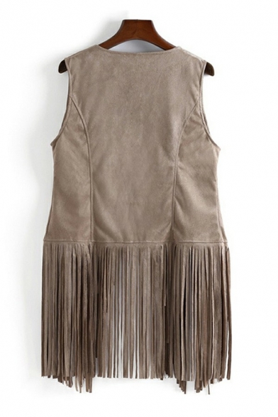 Ladies Creative Vest Whole Colored Open Front Loose Fitted Tassel Vest