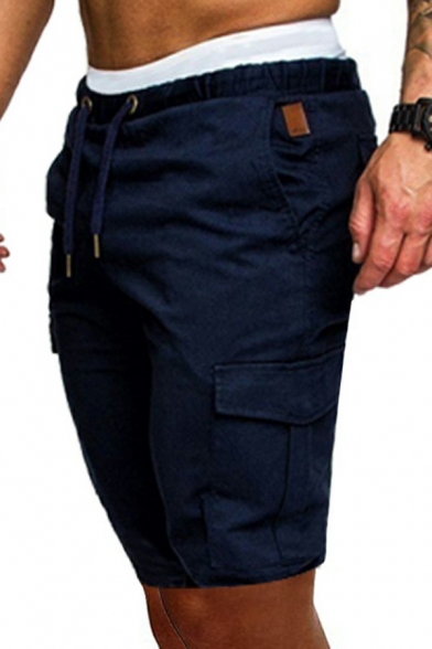 Men Boyish Drawstring Shorts Pure Color Elastic Waist Pocket Detail Cargo Shorts
