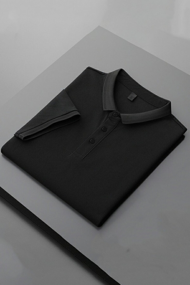 Men Fashionable Polo Shirt Solid Color Button Regular Point Collar Short Sleeve Polo Shirt