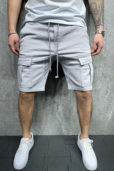 Men Sporty Shorts Plain Pocket Detailed Mid Rise Drawstring Waist Cargo Shorts