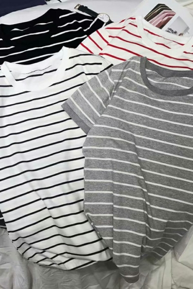 Modern T-shirt Stripe Pattern Crew Neck Short Sleeves Loose Fitted T-shirt for Boys