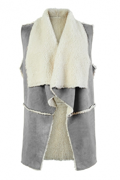 Novelty Women's Vest Pure Color Open Front Faux Fur Burrs Waterfall Collar Vest